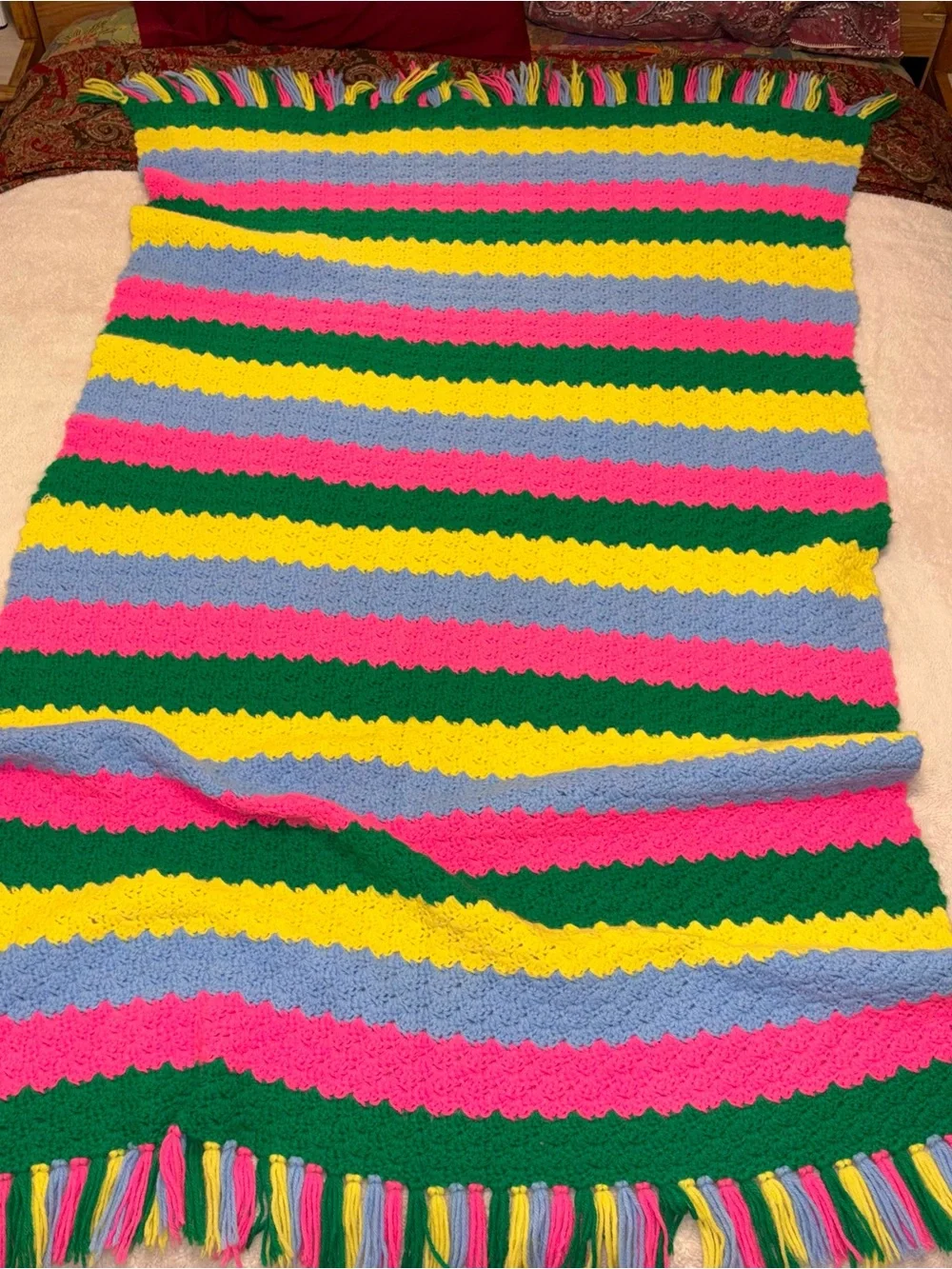 Handmade Colorful Crochet Throw Blanket - Bright Pink, Yellow, Green, Blue